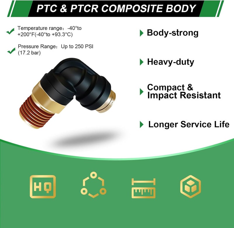 Japtend 1/4 inch DOT Air Hose Fittings 90 Degree Union Elbow， 3PCS 1/4" Tube OD x 1/4" NPT Thread Quick Connect Hose Fittings PTC/PTCR & Brass for Truck Trailers Industry Air System - Image 3